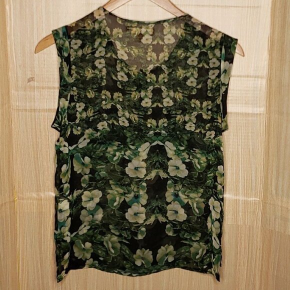 Ellen Tracy Womens Green Floral Sheer Short Sleeve Blouse Small - Picture 2 of 7